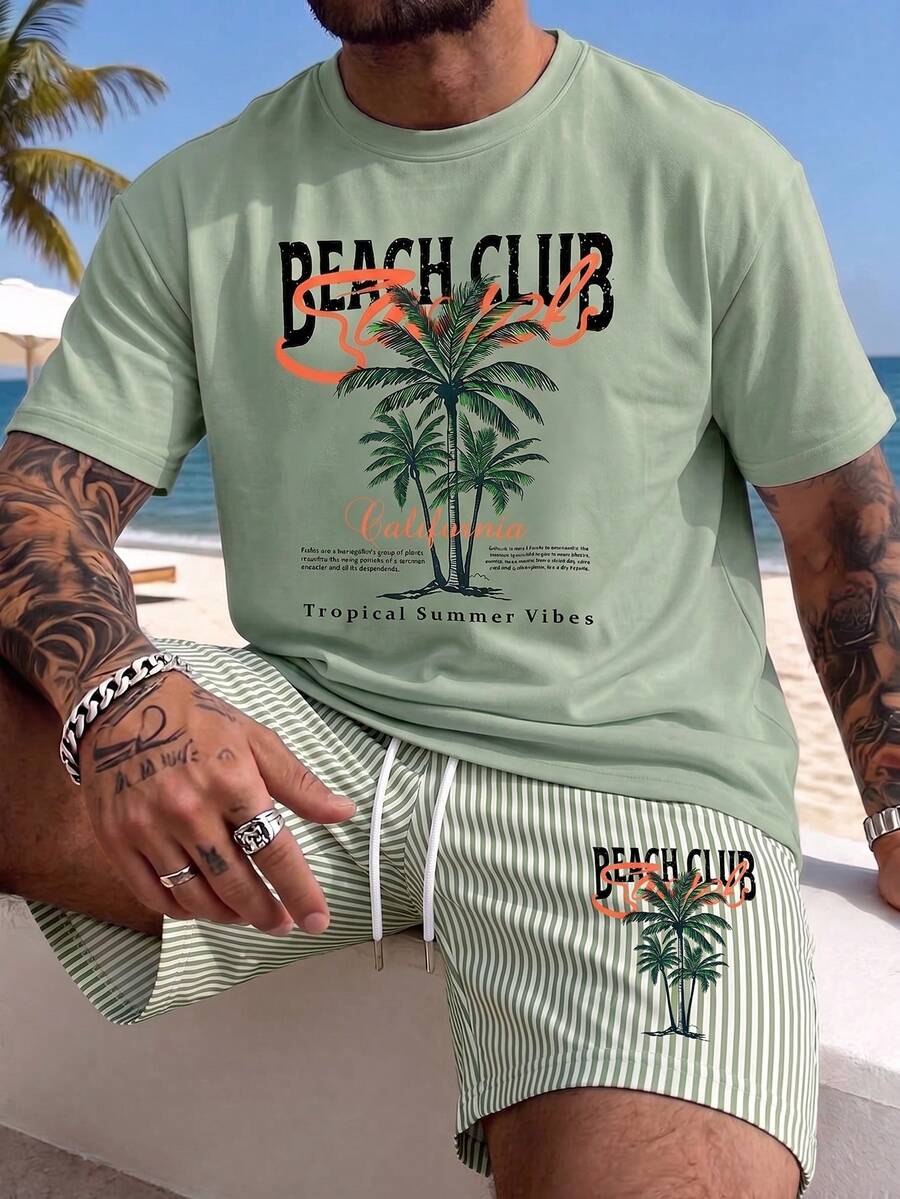 Men's Versatile Palm Tree Print Round Neck Short Sleeve T-Shirt And Casual Striped Shorts Beach Set, Summer - Olive Green - View 1