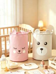 1pc New Ear Bear Cotton Linen Storage Basket For Nursery, Waterproof Foldable Laundry Hamper With Double Handles Stores Kids Clothes Toys And Sundries - Multicolor - View 7