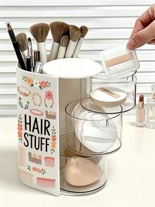 「HAIR STUFF」髮飾圖案多功能旋轉桌面收納盒，分格收納設計，方便存放女童髮飾、髮圈、珠寶、DIY手工材料與小工具，適合整理項鍊、耳環、手鍊、戒指、化妝刷、髮夾及各種配件 - 彩色 - 查看 2
