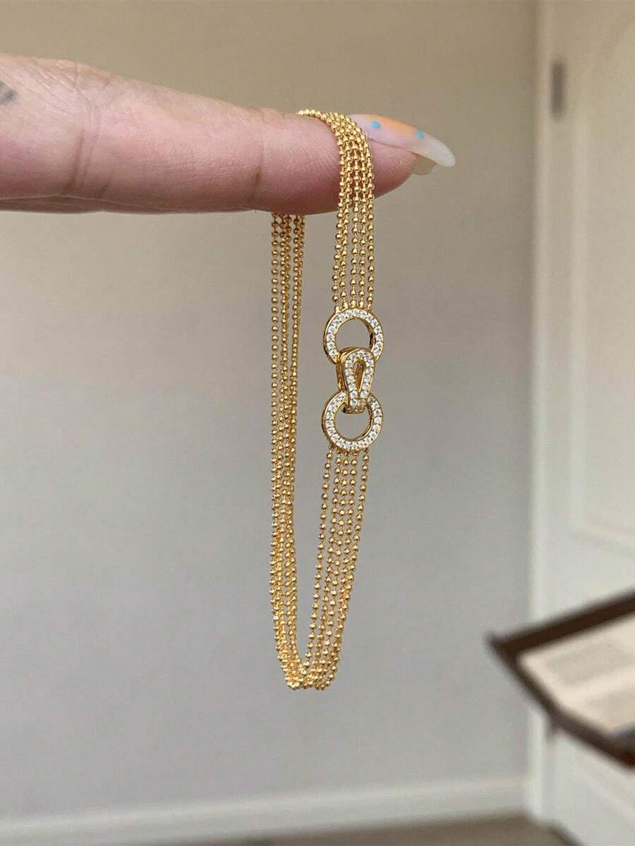 Ring Buckle Bead Sequence | Vintage Triple Interlocking Horseshoe Bracelet With Full Rhinestones, Luxurious Exquisite High-End Elegant Hand Jewelry For Women - Three-ring Horseshoe Bracelet - View 1