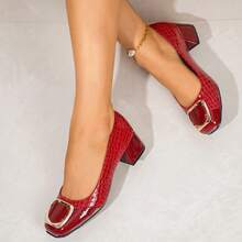 Square Toe Block Heel Pumps With Square Metal Ornament, Crocodile Embossed Texture, Slip-On, Roomy Toe Space, Stable Heel, Sleek Silhouette - Red - View 1