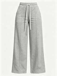 Pantalones de chándal negros de punto de pierna ancha para mujer con cintura ajustable, joggers largos para comodidad casual - Gris Claro - Ver 2