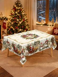 1pc Merry Christmas Tablecloth, Reindeer Santa Pattern Table Cover, Rectangular/Round Polyester Tablecloth For Home Kitchen Dining Room Table Decor, Winter Holiday Merry Christmas Party Supplies, Christmas Decoration For Home 2026 - Multicolor - View 5