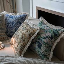 1pc Bohemian Jacquard Throw Pillow Cover, Thickened Linen Textured Fabric With Four-Sided Fringed Tassel Design, Fits Living Room Sofa, Bedroom Bed, Bay Window, Study Chair, Invisible Zipper Closure For Easy Removal And Machine Wash, Suitable For Pastoral, Farmhouse And Other Home Decor Styles, Multiple Patterns Available Fabric Soft Decoration Pillow Cover - Jacquard Green Lotus With White Stamen - View 5