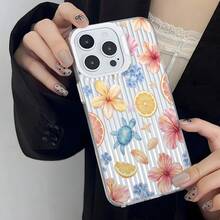 1pc Summer Vacation INS Style Transparent Bottom Gray & White Vertical Stripe Watercolor Hibiscus Orange Slice Blue Turtle Starfish Shell Phone Case Fresh Tropical Beach Girl Aesthetic Full Coverage Anti-Drop Soft Shell Compatible With IPhone17/17Pro/17ProMax/16/16Plus/16ProMax/16e/15ProMax/11/12/12Pro/12ProMax/13/13Pro/13ProMax/14/14Pro/14ProMax - White Frames, Matte White - View 4