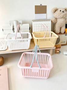 Mini Plastic Handheld Storage Basket With Portable Handle, Hollow Ventilated Organizer Bucket, Macaron Color, Multi-Purpose Desktop Bathroom Dormitory Tray, Suitable For Cosmetics, Small Items, Daily Supplies Storage And Organization - Multicolor - View 4