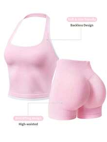 Y2K Pink Halter Ribbed Romper - Contrast Trim Tight Fit Fitness Set - Pink - View 1