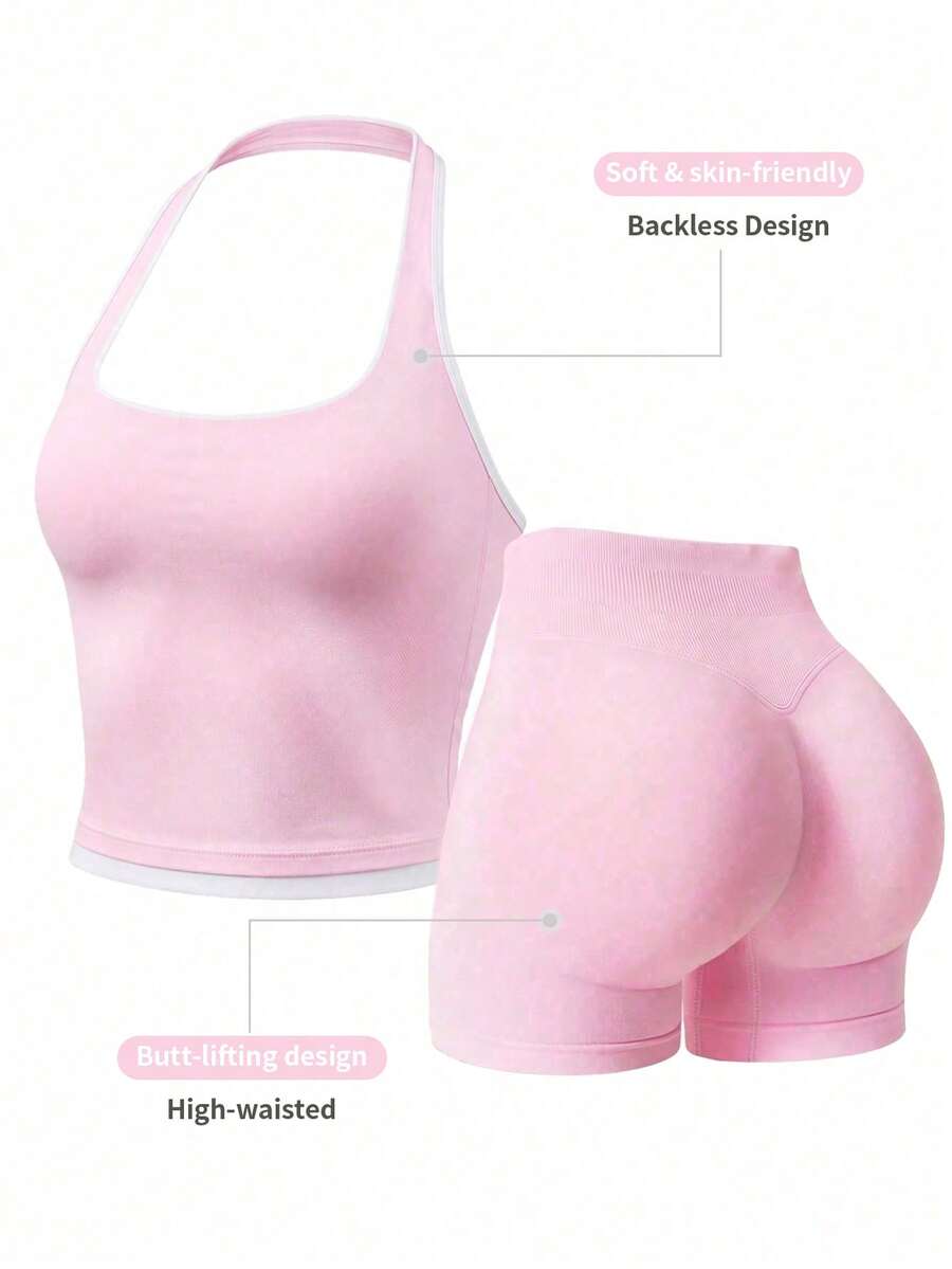 Y2K Pink Halter Ribbed Romper - Contrast Trim Tight Fit Fitness Set - Pink - View 1