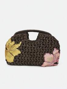 Dedoo 女款草編手提包，花卉刺繡圖案，編織草編材質，鏤空手柄，度假風 - 咖啡 - 查看 5