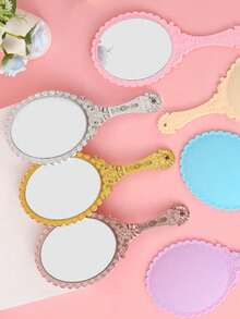 1pc Vintage Handheld Makeup Mirror, Floral Etched Electroplated Mirror Surface, European Retro Floral Pattern Handheld Travel Mirror, Suitable For Handbags And Vanity, INS Style Rose Gold Hand Mirror, Creative Gift For Brides, Teenagers And Vintage Lovers - Multicolor - View 8