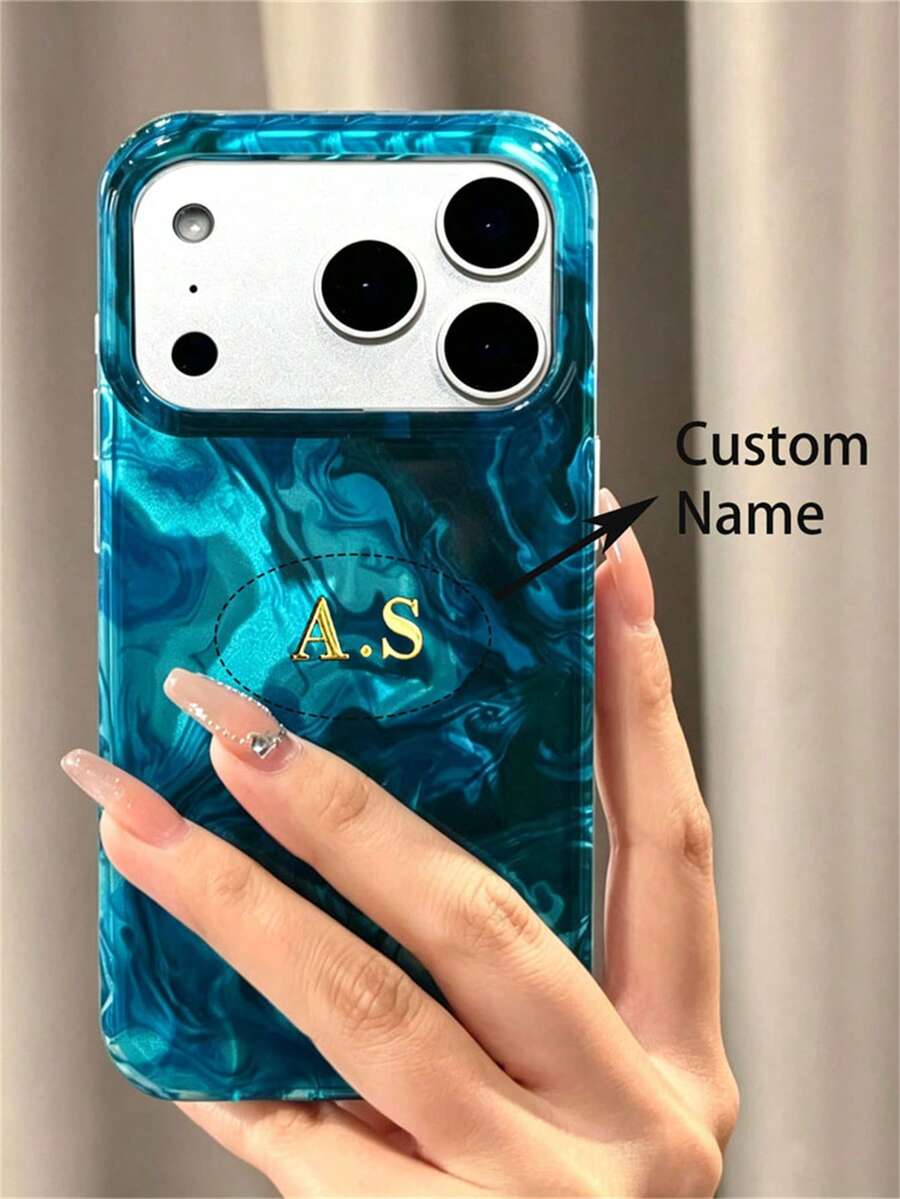 [Customized] Personalized Customized Letters Golden Custom Name Blue And Rose Red Sea Irregular Water Wave Texture Soft Pattern Phone Case Compatible With IPhone 17 Pro Max 17 16 15 14 13 12 Pro Max 14 15 16 Plus Shockproof Protective Cover - Blue - View 1