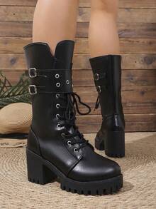 Women's Height-Increasing Wear-Resistant Rivet Double-Row Button Side Zipper Round Toe Mid-Calf Chunky Heel Thick Sole Boots Cool Style Autumn/Winter Daily Black Microfiber Plus Size - Black - View 5
