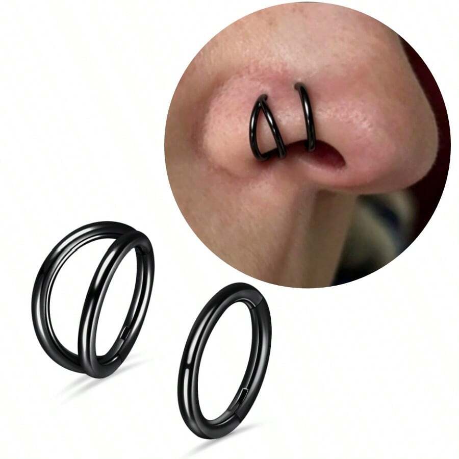 SHZYLN 2pcs/Set 316 Stainless Steel Nose Rings (Double Ring Design) Optional Sizes 18G/16G, Diameter 8mm-10mm; Can Be Used As Cartilage, Helix, Daith, Rook Earrings Or Septum Rings; Features Hinged Opening Design - 2 Pieces - View 1
