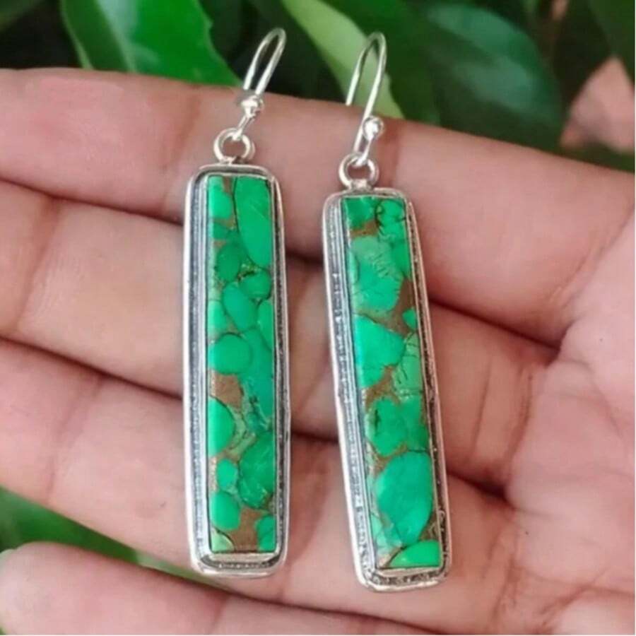 Women's Fashion Minimalist Rectangular Pendant Earrings, Handmade Copper With Green Synthetic Turquoise Inlay, Versatile Daily Jewelry, Ideal Gift For Women - Silver - View 1