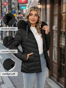 Chaqueta de plumas con capucha casual para mujer, con bolsillos, ligera y cálida, adecuada para uso diario - Negro - Ver 1