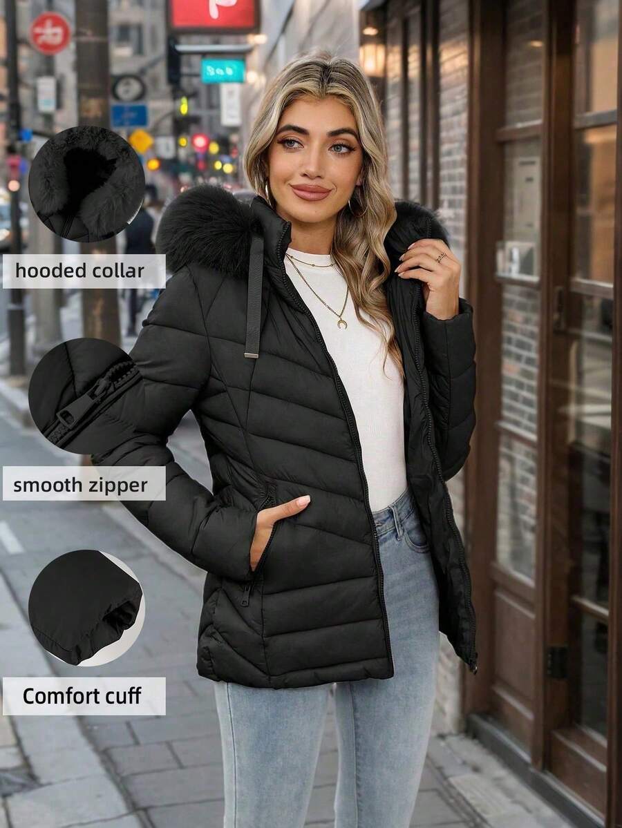 Chaqueta de plumas con capucha casual para mujer, con bolsillos, ligera y cálida, adecuada para uso diario - Negro - Ver 1