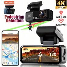 Cámara de salpicadero 4K, cámara de coche 2160P, mini cámara de salpicadero, cámara frontal 4K + cámara trasera 2K (opcional), con GPS y WiFi incorporados, tarjeta de almacenamiento de cámara de salpicadero de 128GB (opcional) - Negro - Ver 1