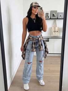 Women's High Waist Cargo Jeans With Ripped Detail, Retro Street Style, Versatile Denim Pants - Light Wash - View 3