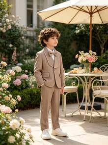 Tween Boys Handsome Fashion Striped Gentleman Suit Set, 1 Blazer + 1 Pants + 1 Bow Tie, Suitable For Wedding, Page Boy, Performance, Christmas Party, Banquet And Other Formal Occasions - Khaki - View 8