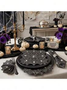16pcs/Pack Black Spider Web Design Disposable Napkins, Suitable For Halloween, Horror Theme Party, Haunted House Event, Halloween Family Gathering Table Decor And Halloween Birthday Party Decoration - Multicolor - View 2
