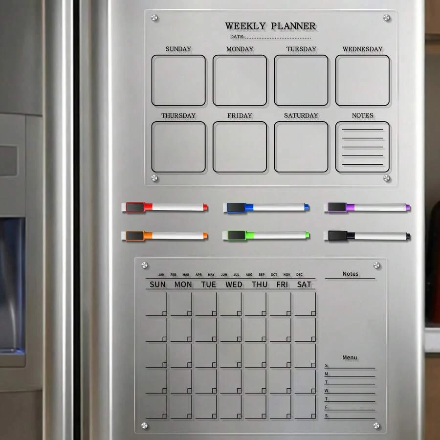 Household Refrigerator Magnetic Black Line Acrylic Writing Planner Board, Weekly + Monthly Planner Board Optional, Family Grocery Shopping & Meal Prep List Erasable Memo Board - Multicolor - View 1