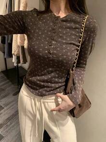 Women's Korean Style Henley Collar Button Ditsy Floral Long Sleeve Knitted Base Layer Top, Autumn Blouse - Coffee Brown - View 4
