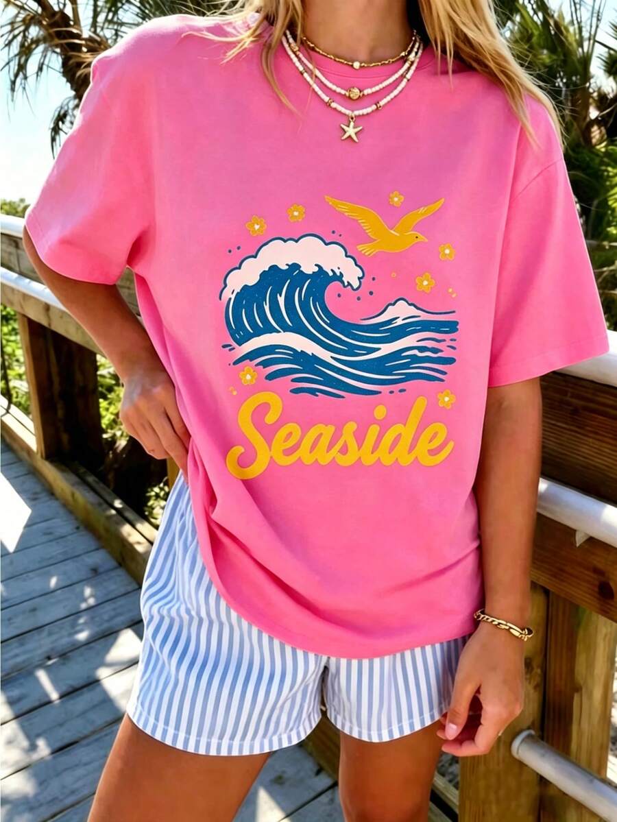 Women's Oversized Coastal Graphic T-Shirt, Vintage Ocean Wave Print, Casual Short Sleeve Crew Neck Tee, Soft And Breathable - Pink - View 1