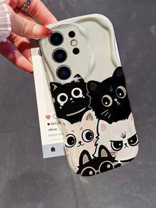 1pc Wavy Edge Cartoon Cat Expression Print Phone Case, Soft TPU Shockproof Protective Cover, Cute Stacked Black And White Kitten Pattern Phone Case Compatible With Samsung, Series Phones - White - View 4