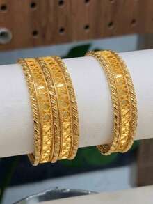 5Pcs 21K Gold Stackable Bangle Set Non-Fading Geometric Arabian Jewelry, Luxury Gold Substitute, Perfect For Daily Wear, Party & Gift - 01 - View 2