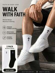 1/3/5/10 Pairs Men's Black & White Gothic Cross Mid-Calf Socks, Soft & Comfortable, Sweat-Absorbent - Multicolor - View 1