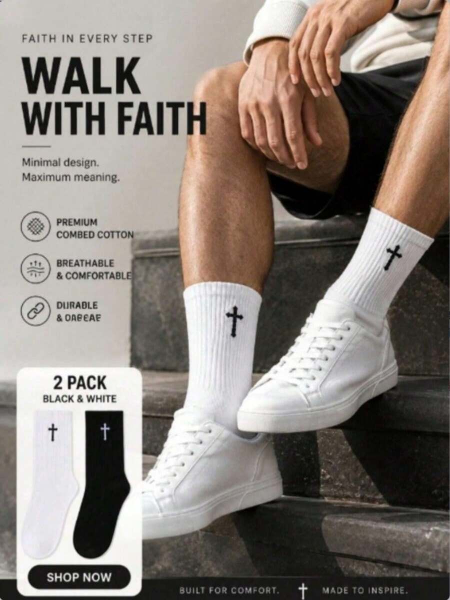 1/3/5/10 Pairs Men's Black & White Gothic Cross Mid-Calf Socks, Soft & Comfortable, Sweat-Absorbent - Multicolor - View 1