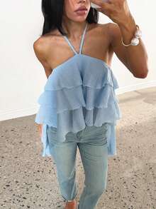 Summer Blue Sexy Ruffle Halter Top, Suitable For Dating, Dinner, Party, Vacation, Birthday, Holiday - Baby Blue - View 3