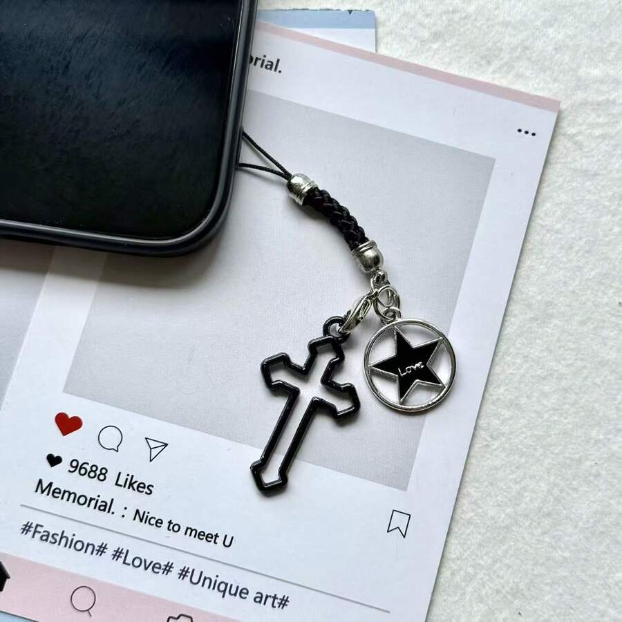 1pc Star Hollow Cross Phone Chain Pendant, Vintage Halloween Small Gift Phone Accessory