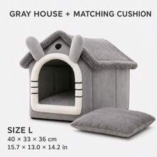 Cute House-Shaped Cat Bed With Matching Cushion, Indoor Plush Pet Cave Bed For Cats And Small Dogs, Brown Bear/Grey, S/M/L - Multicolor - View 15
