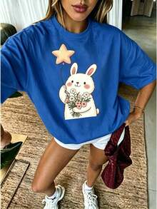 Oversized Bunny Graphic T-Shirt For Women, Aesthetic Print With Stars, Balloons And Rabbit, Preppy Style, Soft, Casual, Short Sleeve, - White - View 8