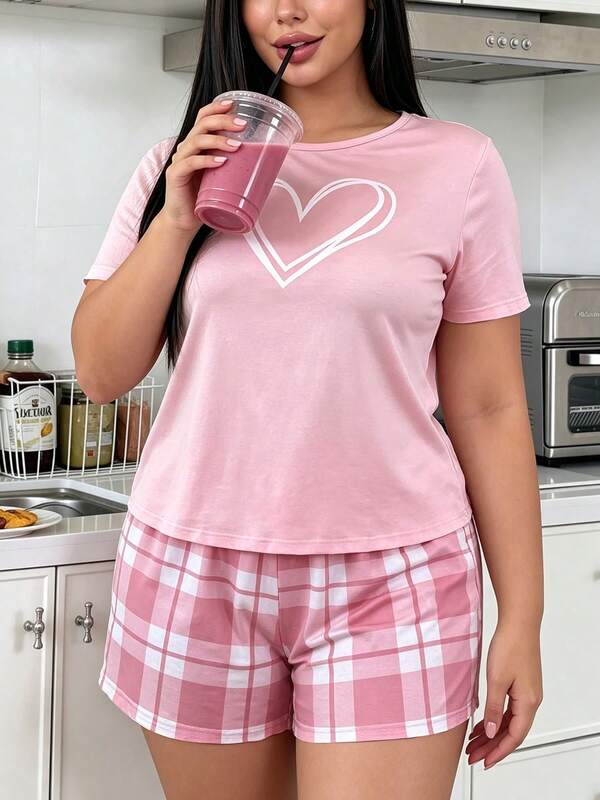 Women's Plus Size Casual Short Sleeve Top And Plaid Shorts Pajama Set, 2-Piece Set, Spring/Summer Home Wear