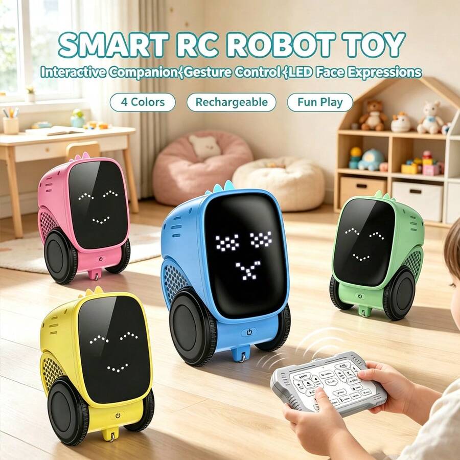 1 pieza Robot de juguete para niños, robot de control remoto rosa, sensor táctil, con baile, canto, control controlado programable, demostración automática, cambio de expresión LED, música, cuentacuentos, dinosaurio, Robot recargable de mando a distancia, juguete de robot a control remota de 2.4GHz, adecuado para adolescentes de 3 a 12 años, regalo educativo de telecontrol inteligente, Halloween, Navidad, Pascua, cumpleaños (amarillo/azul/verde/rosa)