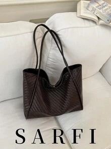 Bolso tote de mujer de unicolor minimalista, bolso de hombro moderno para desplazamientos, bolso de gran capacidad adecuado para compras y desplazamientos - Café - Ver 1