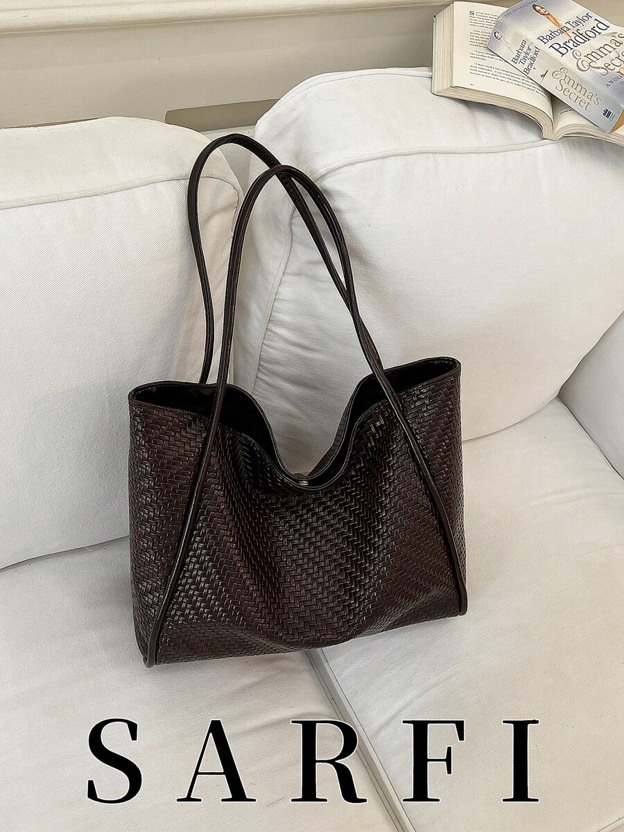 Bolso tote de mujer de unicolor minimalista, bolso de hombro moderno para desplazamientos, bolso de gran capacidad adecuado para compras y desplazamientos - Café - Ver 1