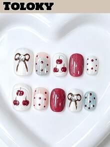 Toloky 10 piezas de uñas postizas de alta calidad hechas a mano, uñas cortas con lunares, lazos, efecto ojo de gato y color nude, estilo Y2K, uñas de verano para uso diario, graduación, viajes, vacaciones, regalos, adecuadas para fiestas, festivales de música y vuelta al colegio - Multicolor - Ver 1