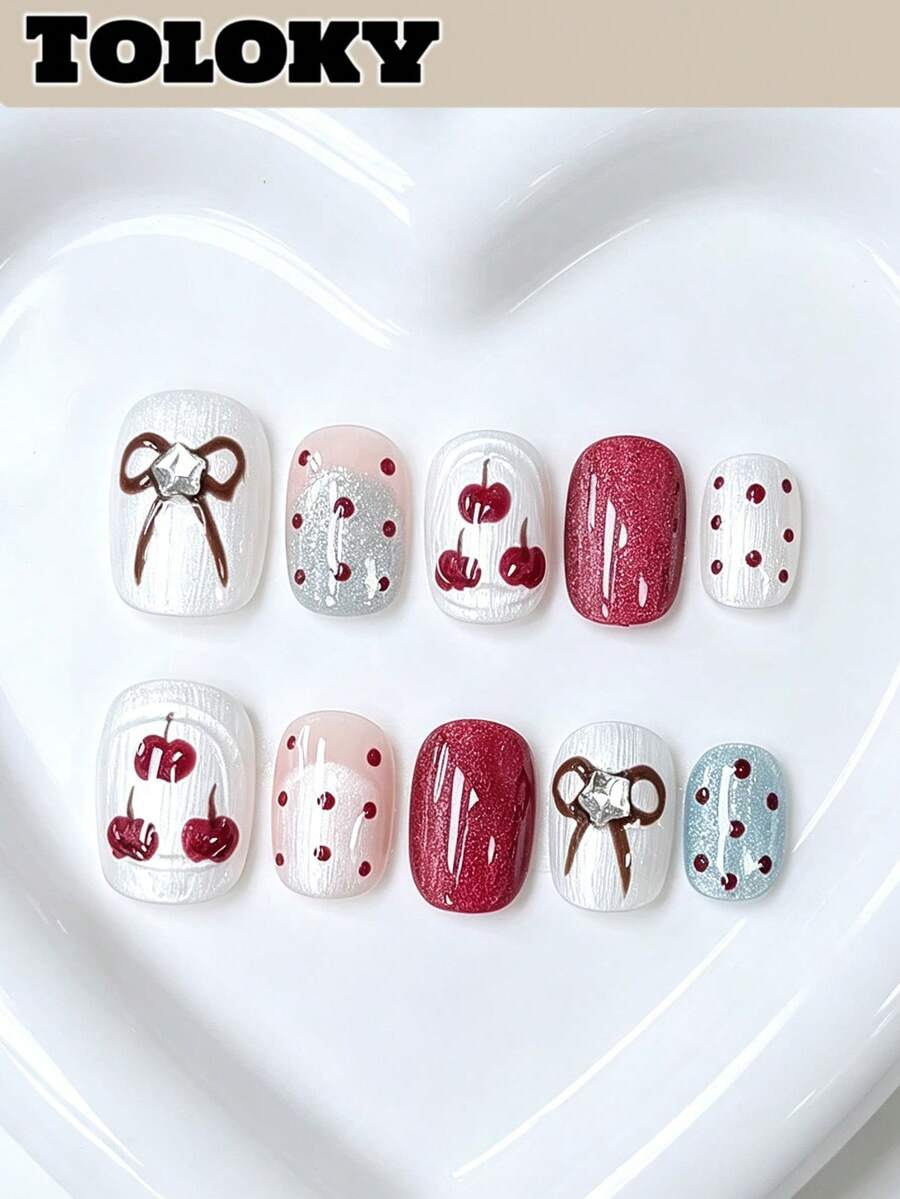 Toloky 10 piezas de uñas postizas de alta calidad hechas a mano, uñas cortas con lunares, lazos, efecto ojo de gato y color nude, estilo Y2K, uñas de verano para uso diario, graduación, viajes, vacaciones, regalos, adecuadas para fiestas, festivales de música y vuelta al colegio - Multicolor - Ver 1