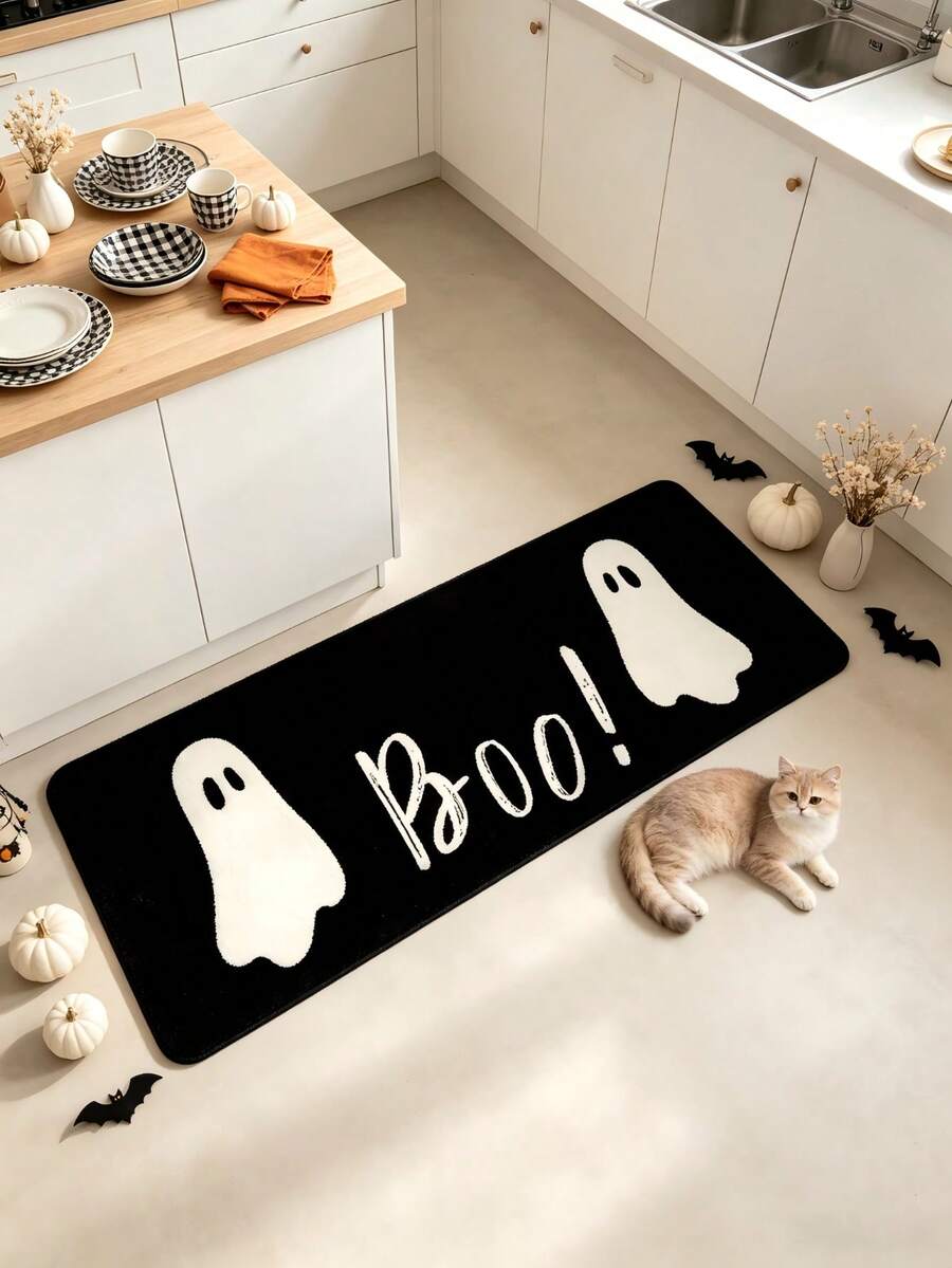 1 pieza Alfombra rectangular con fondo negro y letra fantasma blanca Boo, estilo minimalista, Halloween, felpudo, alfombra pequeña, felpudo de bienvenida, felpudo exterior, alfombra de cocina, felpudo de puerta principal, alfombra de área pequeña, alfombra de jardín - Multicolor - Ver 1