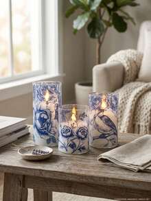 Blue & White Floral Bird Porcelain Electronic Candles LED Simulated Flame Candles With Remote Control Timer 3pcs Set Smokeless Electronic Candles For Holiday Party / Wedding Decor / Home Atmosphere Decoration - Warm White Light - View 5