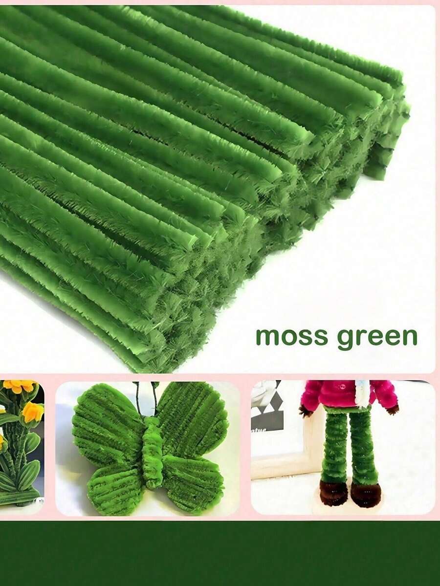 100/200/300/500pcs Green Handmade Chenille Stems, Multi-Color Thick Soft Bendable Pipe Cleaners, Suitable For Arts Crafts Creative DIY Decoration Projects - Green - View 1