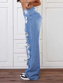 Teen Girls' Fashionable Wide Leg Washed Distressed Denim Jeans - Light Wash - View 3