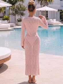 Women Pink Hollow Knit Midi Dress Ruffled V Neck Button Placket Flare Long Sleeve Sheer Bodycon Beach Coverup Dress- - Pink - View 4