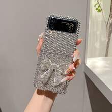 Full Rhinestone 3D Bow With Sparkling Crystal Wrist Strap Folding Phone Case Compatible With Galaxy Z Flip3 5G/Galaxy Z Flip 4 5G/Galaxy Z Flip 5 5G/Galaxy Z Flip 6 5G/Galaxy Z Flip 7 5G Sweet Luxury Sparkling Crystal Girl Folding Protective Case - Silver - Silver Bow - View 5