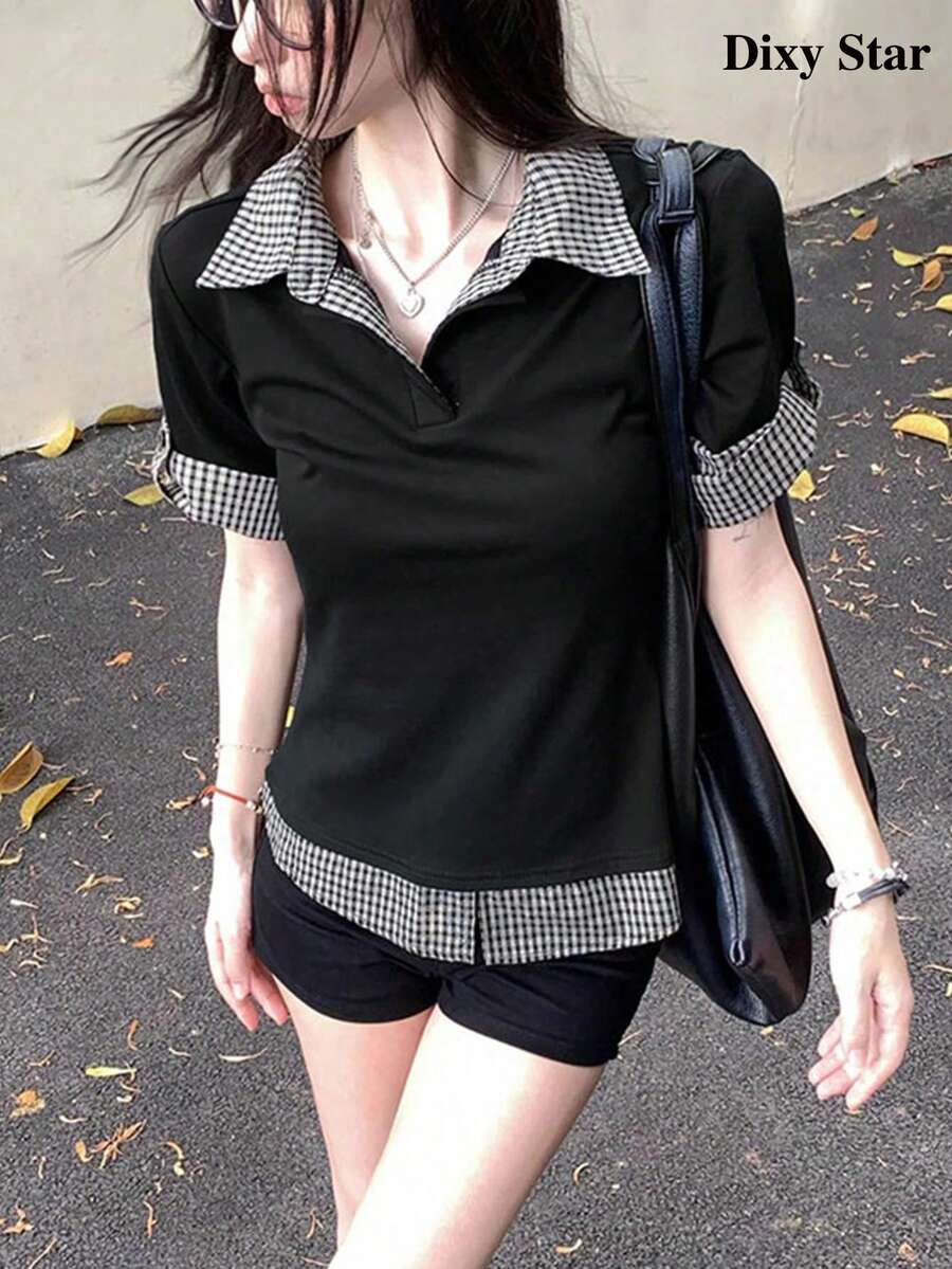 大學風短袖女款拼色格紋假領層次修身T恤短版上衣休閒黑色夏季 - 黑色 - 查看 1