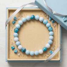 Natural Sea-Patterned Stone Round Bead Elastic Bracelet, Sea Mist Design For Calm And Peace, Unisex Bohemian Style Versatile Layering Jewelry Gift - Baby Blue - View 2