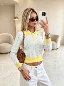 Women's Casual Fashion Autumn/Winter Contrast Color Polka Dot Stripe Contrast Collar Long Sleeve Fitted Ribbed Button Regular American Vintage Fall - Multicolor - View 6